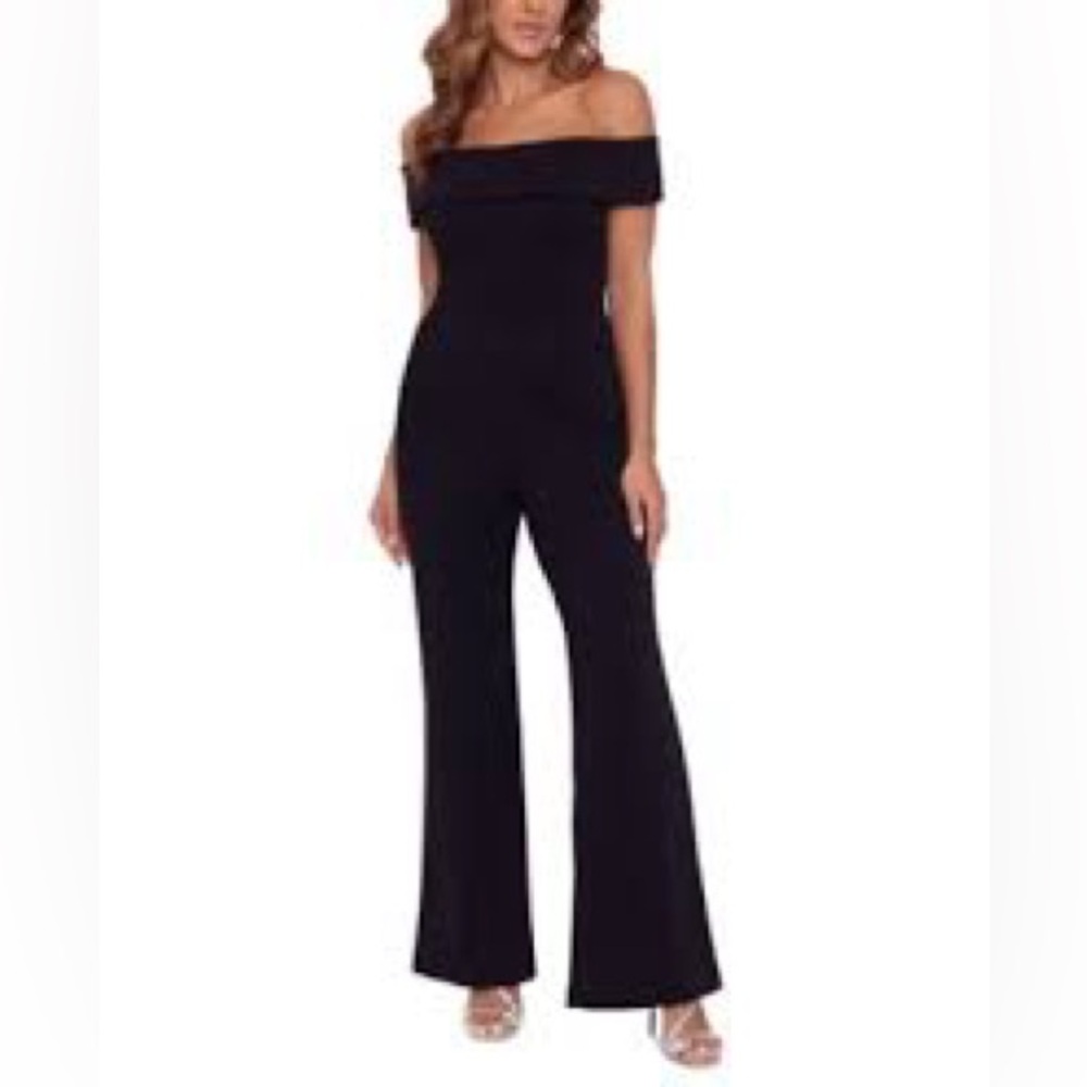 NWT Xscape Off-The-Shoulder Black Formal‎ Jumpsuit Size 6 Elegant Pockets